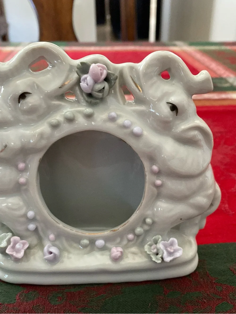Vintage Loving Elephants White Ceramic Photo Frame with Pink Accent Flowers 5”